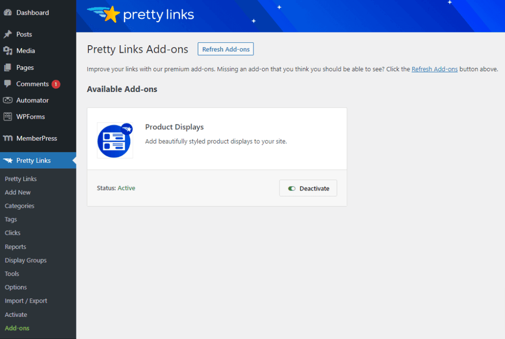 Instalar a tela Pretty Links Product Display Add-on