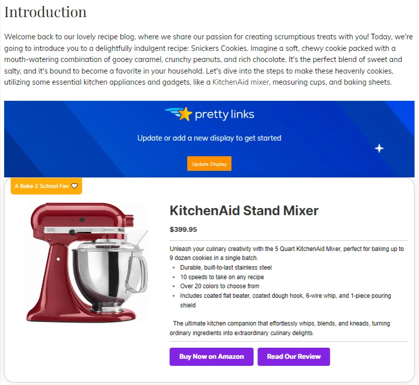 Pretty Links Product Display backend preview