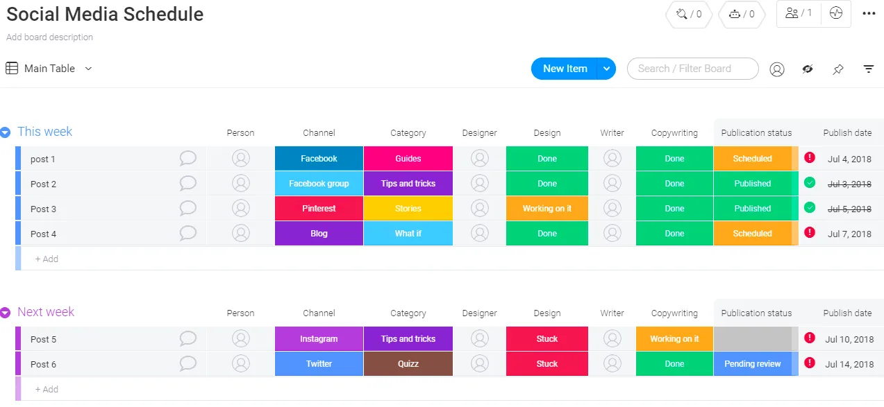 Monday.com social media calendar