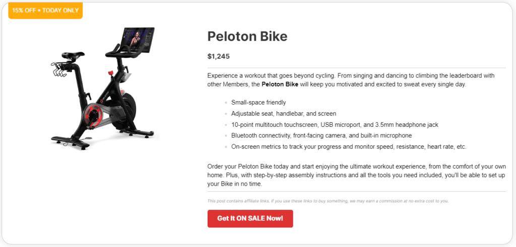 Pretty Links Exemplo de exibição de produto_Peloton Bike 