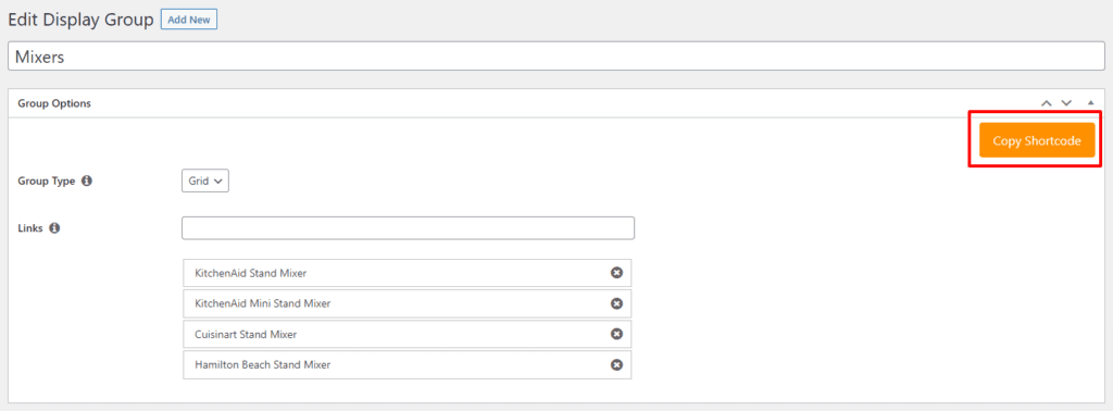 Copy Shortcode button for Product Display Group