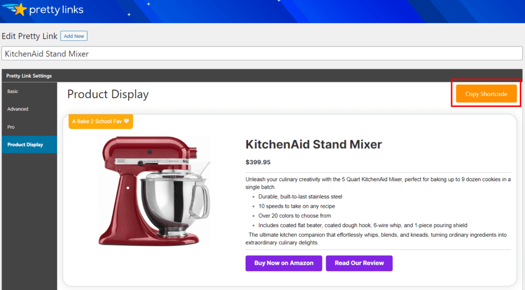 Pretty Links Product Display Copy Shortcode button