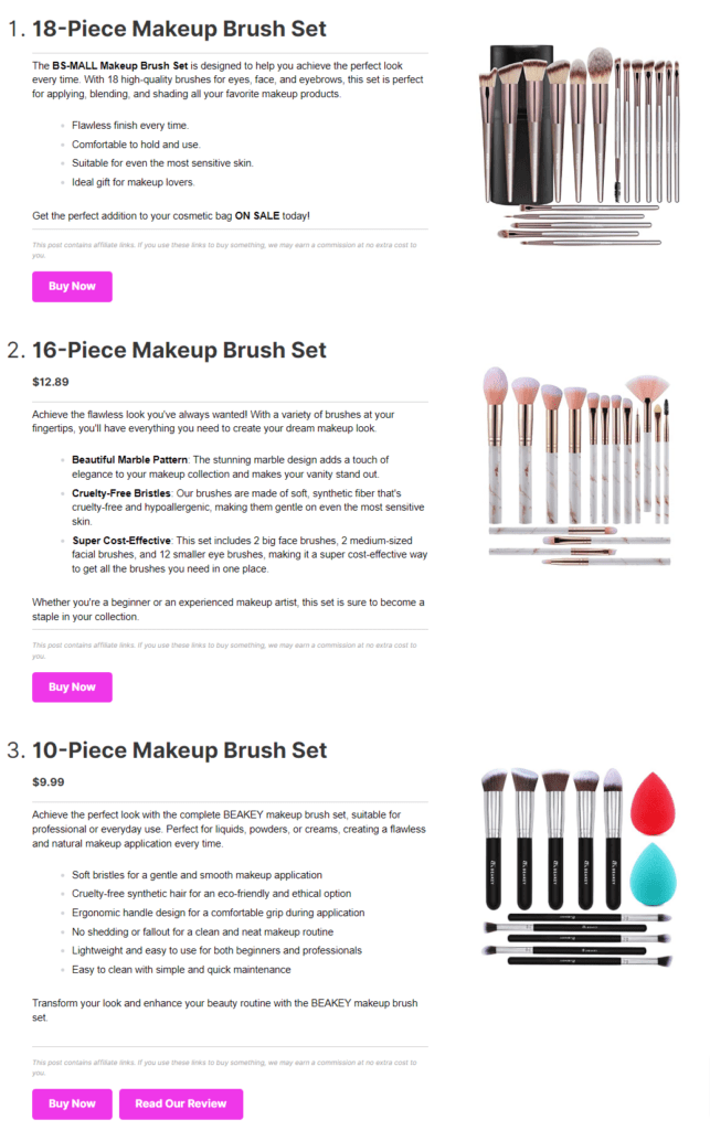Pretty Links Product Display Group Example_Makeup Brush Sets 