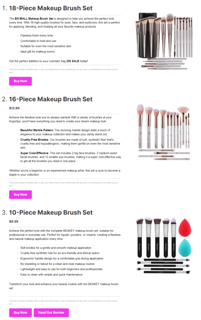 Pretty Links Groupe de présentation des produits Exemple_Sets de pinceaux de maquillage 