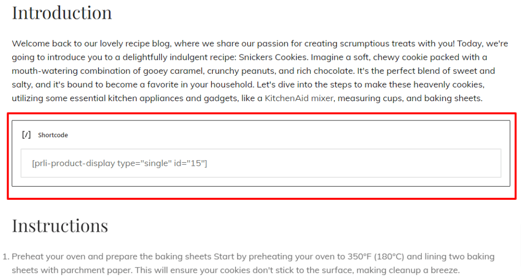 Visualização de back-end do shortcode de exibição do produto 