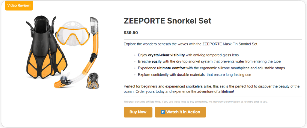 Pretty Links Product Display Example_Snorkel Set 