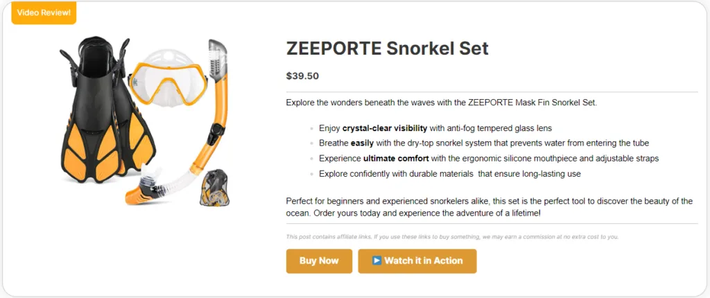 Pretty Links Product Display Example_Snorkel Set