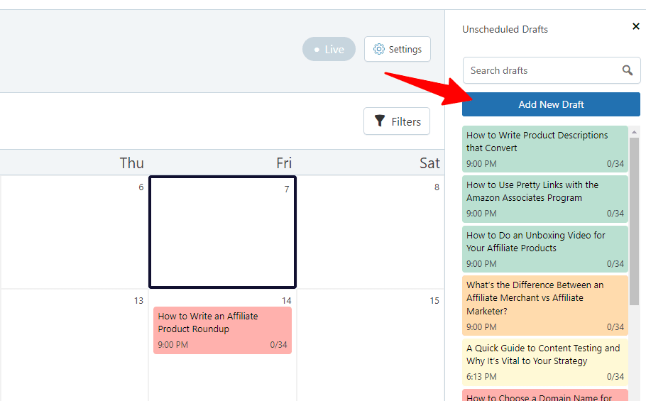 Añadir nuevo borrador en el calendario de contenidos de Strive 