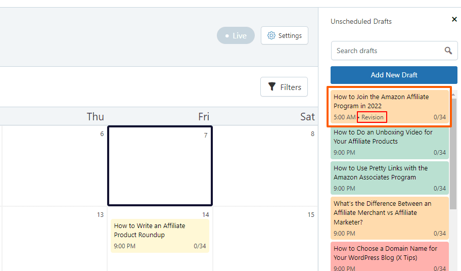 Article de révision marqué dans le calendrier de contenu Strive 