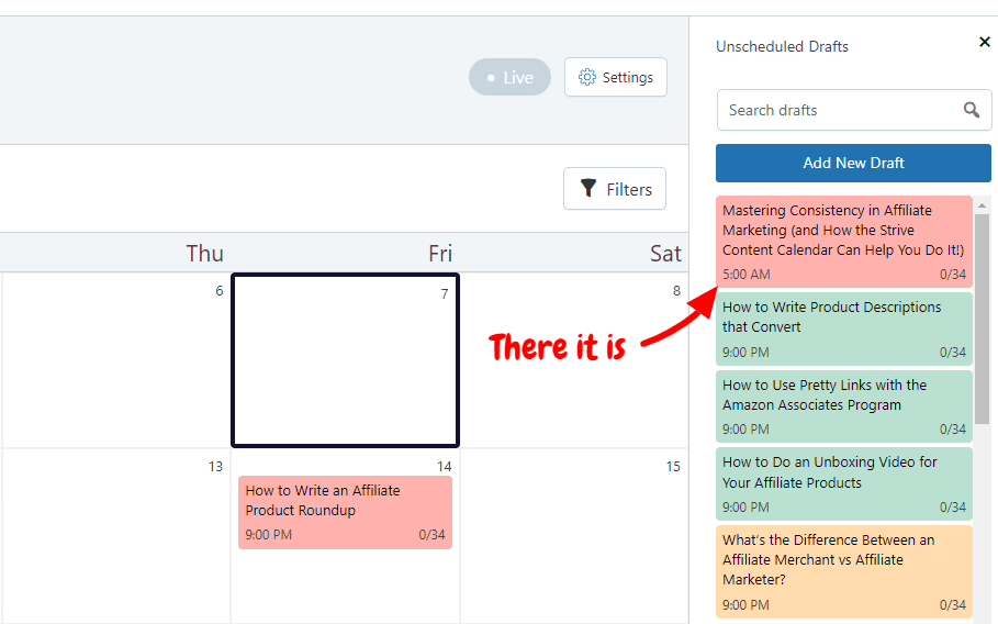 Nuevo borrador en el calendario de contenidos de Strive 