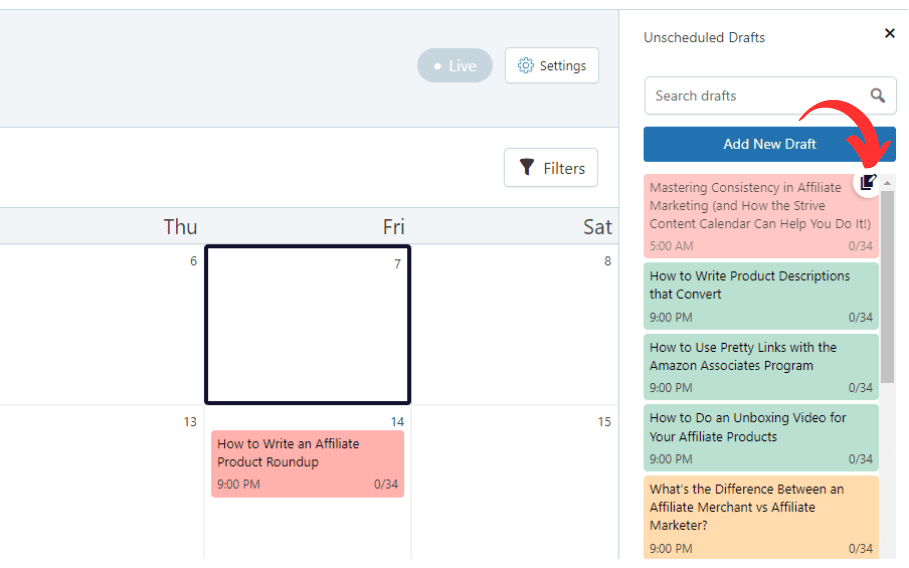 Abrir el editor de WordPress en Strive Content Calendar 