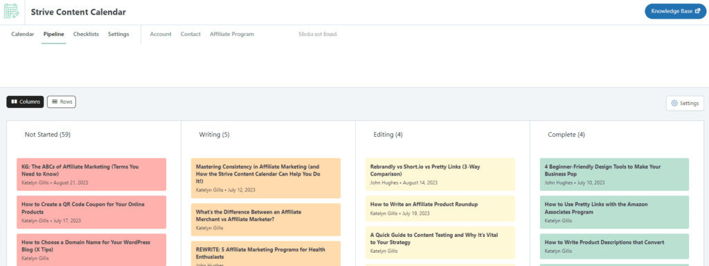 Strive Content Calendar Pipeline view