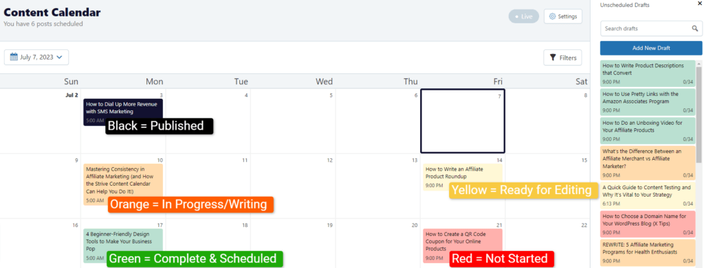 Fonctionnalité de statut des messages du calendrier de contenu Strive 