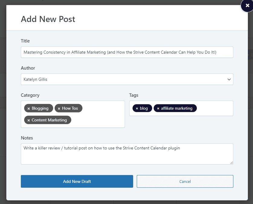 Nuevo borrador emergente en el calendario de contenidos de Strive 