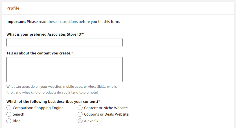 Explain your content on the Amazon Associates Profile page