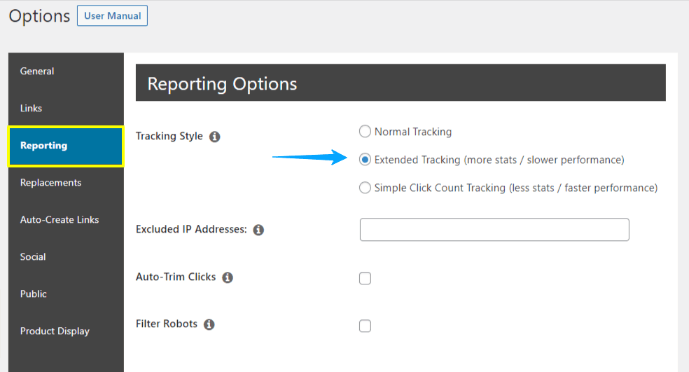 Pretty Links Reporting Options 