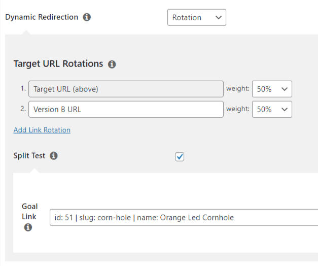 Pretty Links A/B split test goal link