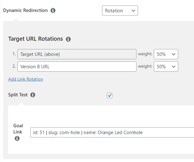 Pretty Links A/B split test goal link