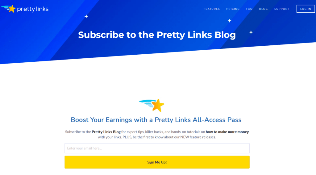 Subscribe to blog Pretty Links example