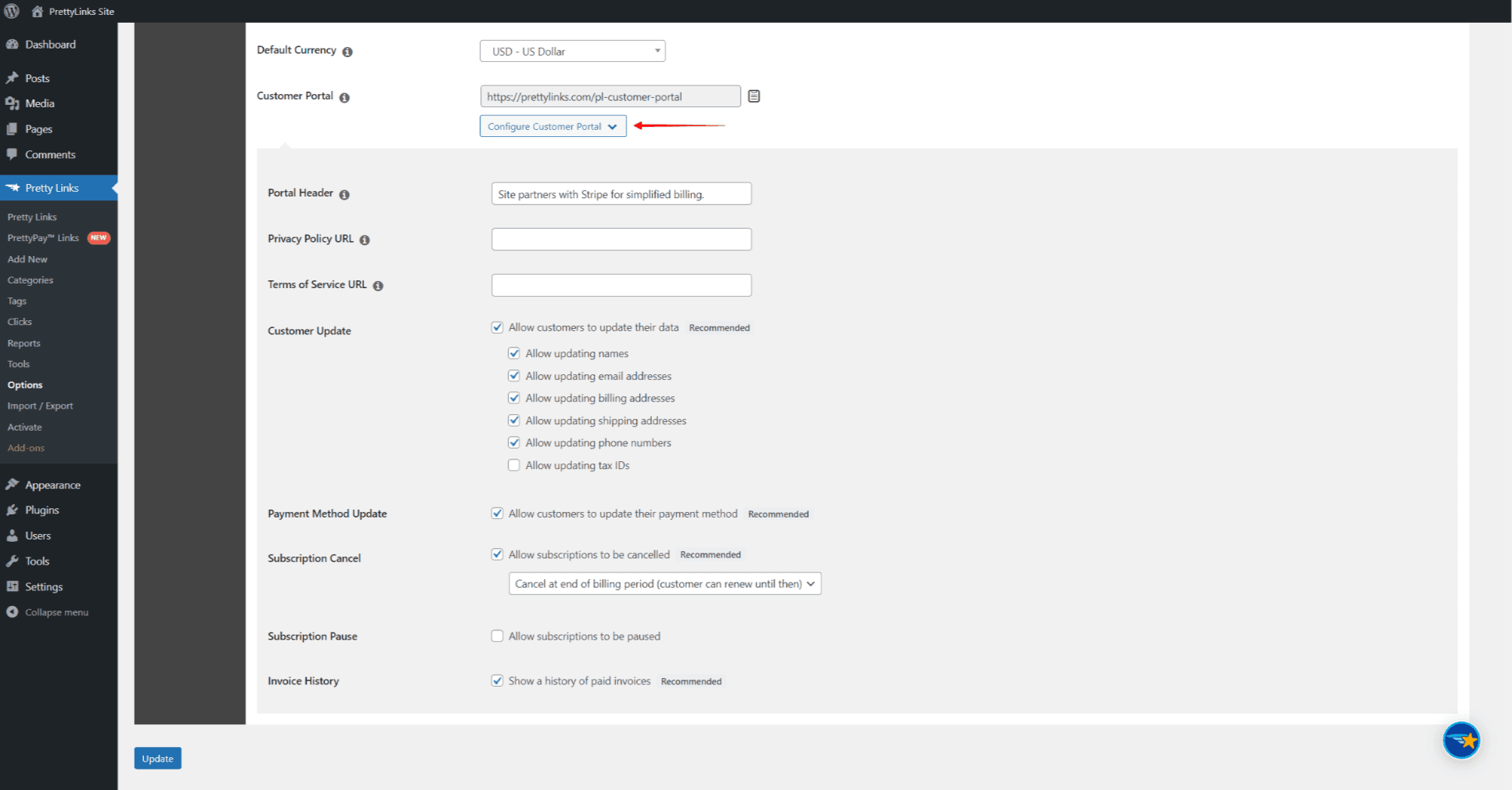 PrettyPay - Configuring Customer Portal