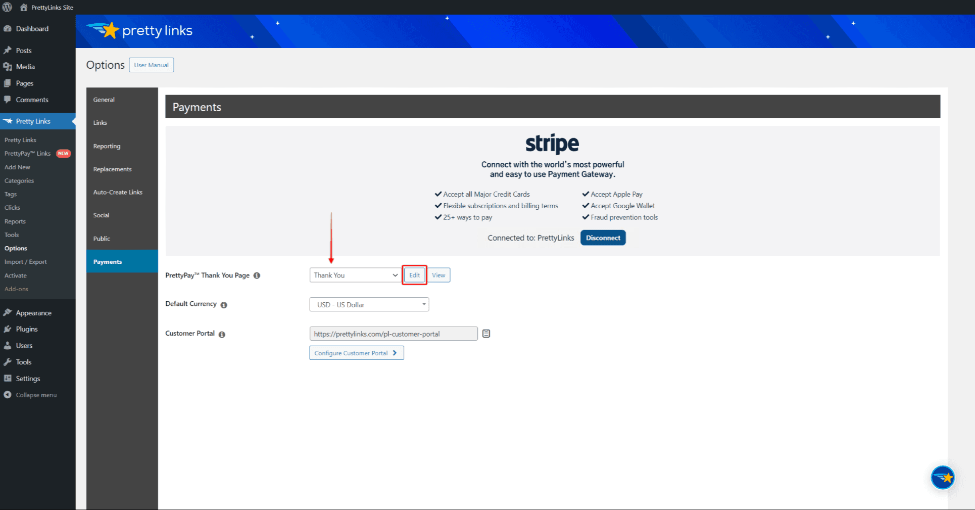 PrettyPay - Seleção da página de agradecimento