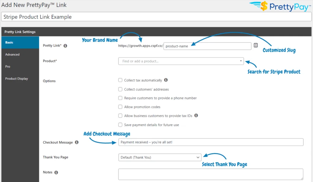 Create customized Stripe checkout links with PrettyPay™ example