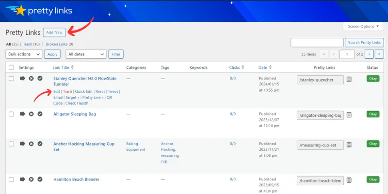 Tela Adicionar novo link ou Editar um link existente 