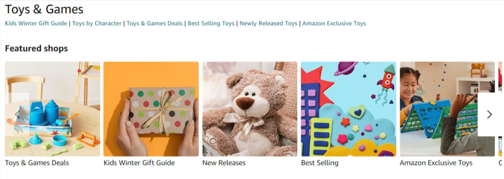 Amazon Toys and Games shopping page 