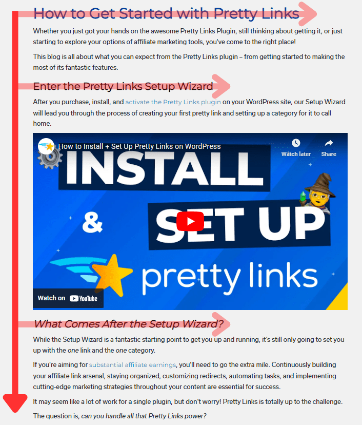 F-shaped content layout example in Pretty Links blog article