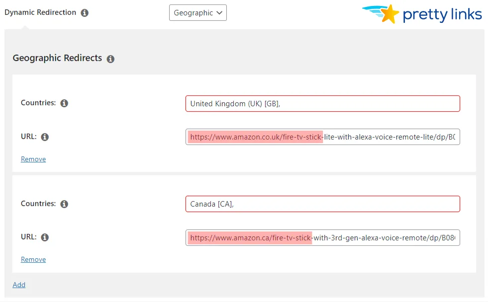 Amazon Geographic Redirect Link examples_PrettyLinks 