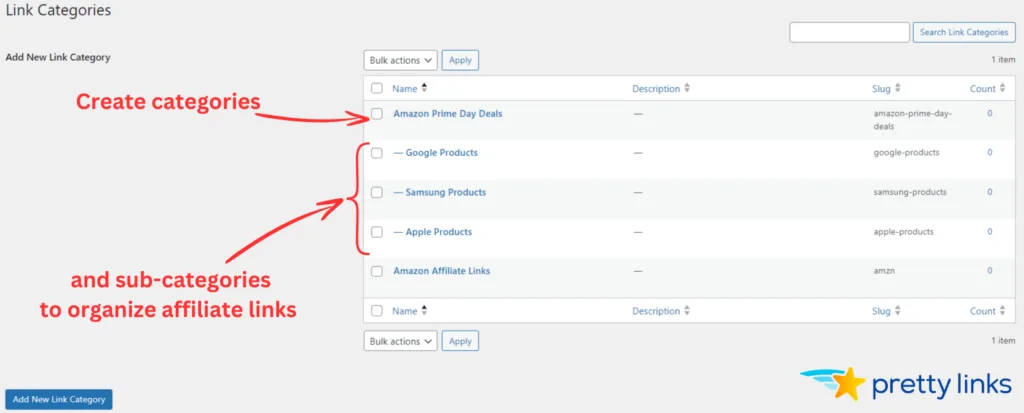 Organize your Amazon affiliate links with categories in the PrettyLinks WordPress plugin 