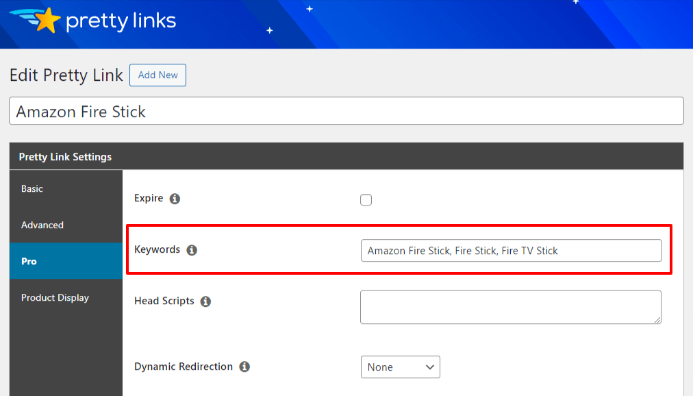 Automatically link your amazon affiliate links to keywords on your site with the Pretty Links Keyword Replacement tool 