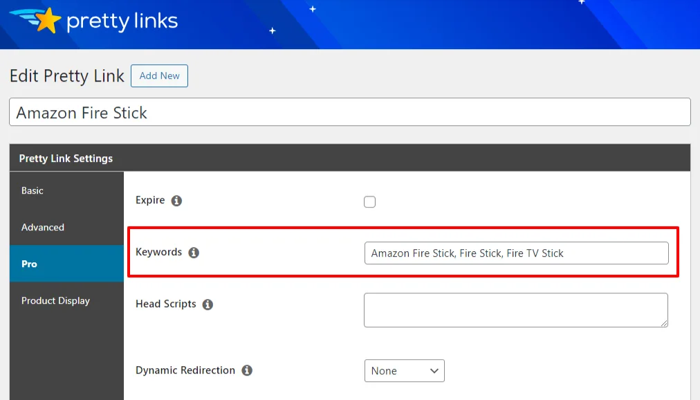 Automatically link your amazon affiliate links to keywords on your site with the PrettyLinks Keyword Replacement tool 