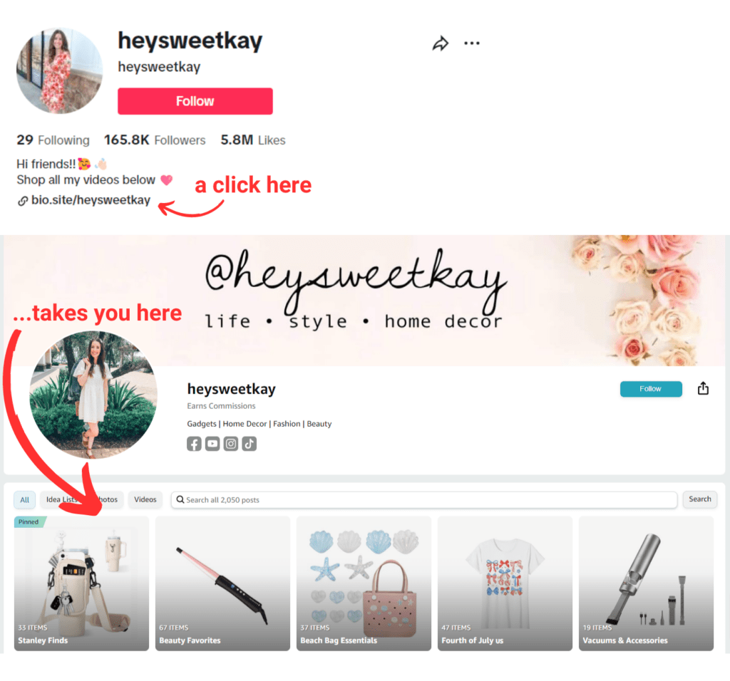 heysweetkay inclui um link do Instagram na biografia que aponta para sua loja de afiliados da Amazon 