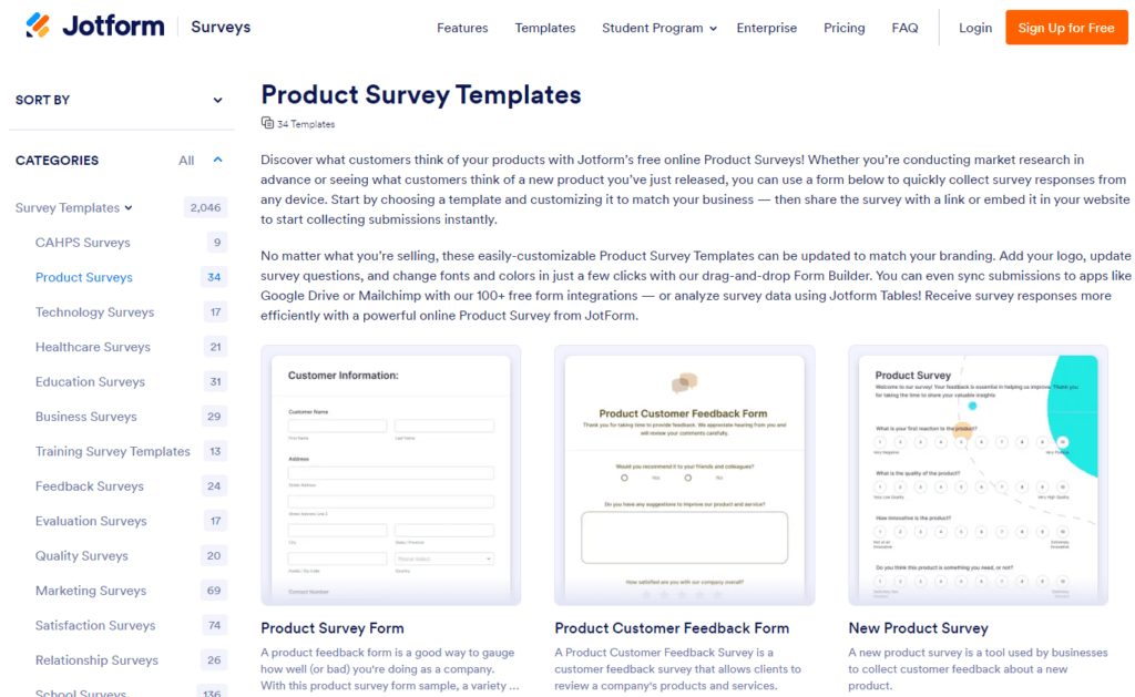 Jotform pre-made product surveys 