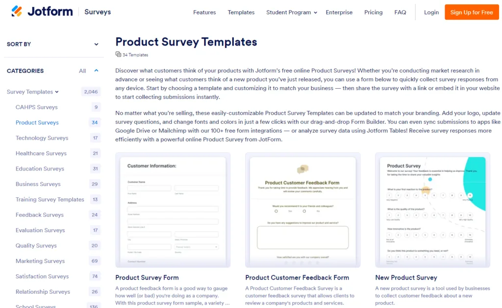 Pesquisas de produtos pré-fabricadas do Jotform 