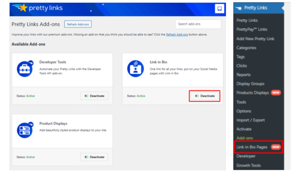 Activate the PrettyLinks Link In Bio add-on