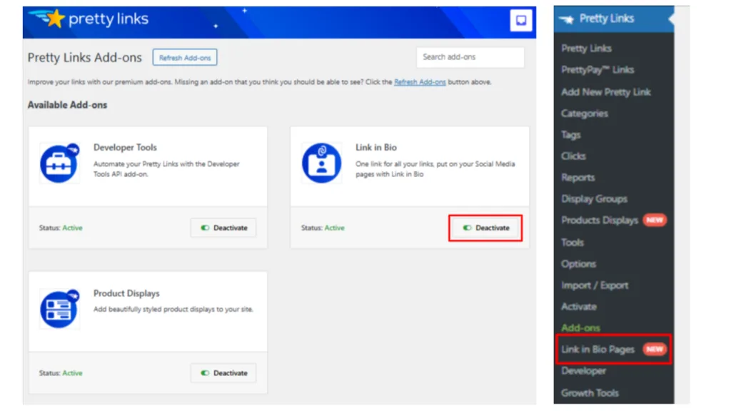 Aktivieren Sie das PrettyLinks Link In Bio Add-on