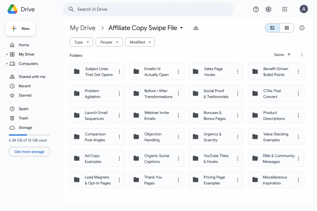 Google Drive folder showing an organized affiliate copy swipe file with folders labeled by use case like subject lines, emails, sales hooks, testimonials, and CTAs.
