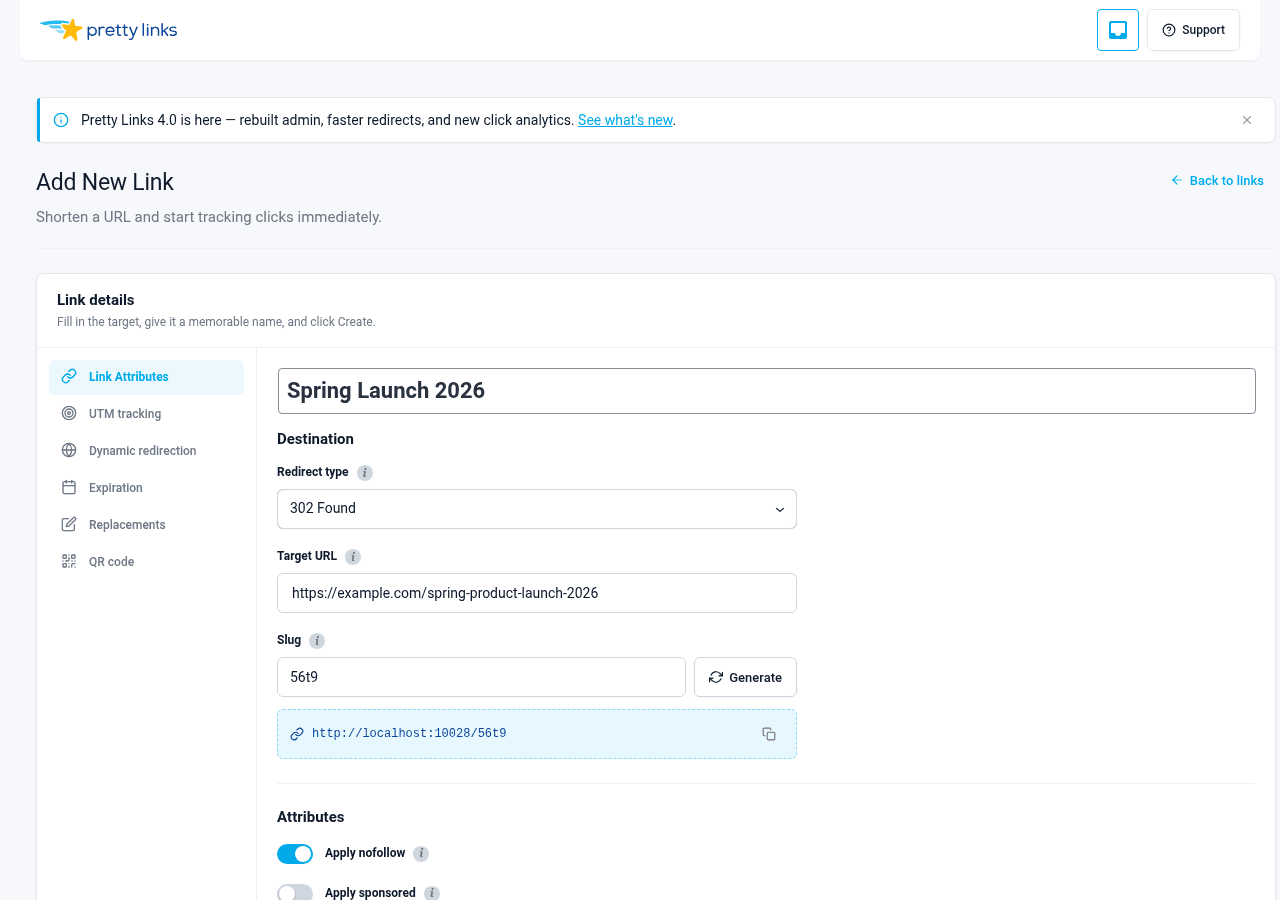 Añadir un nuevo formulario con la URL de destino y el nombre ya rellenados