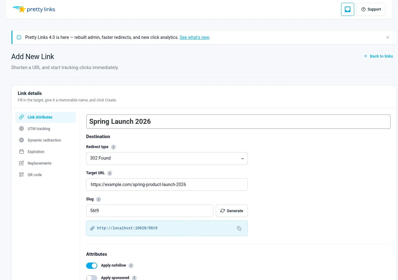 Ajouter un nouveau formulaire avec l'URL de destination et le nom déjà renseignés