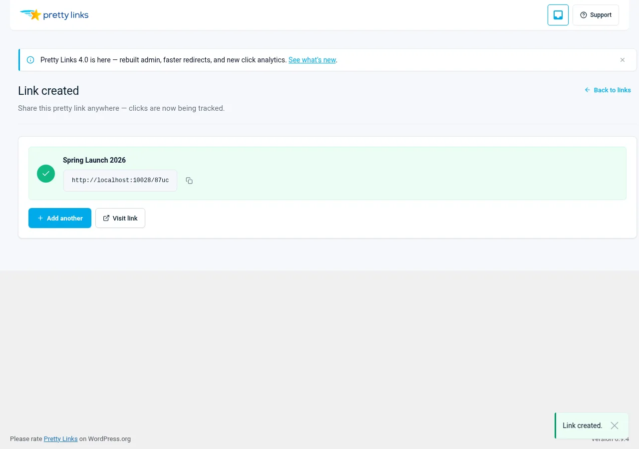 Lien vers la page de confirmation indiquant l'URL raccourcie finale et comportant un bouton « Copier »