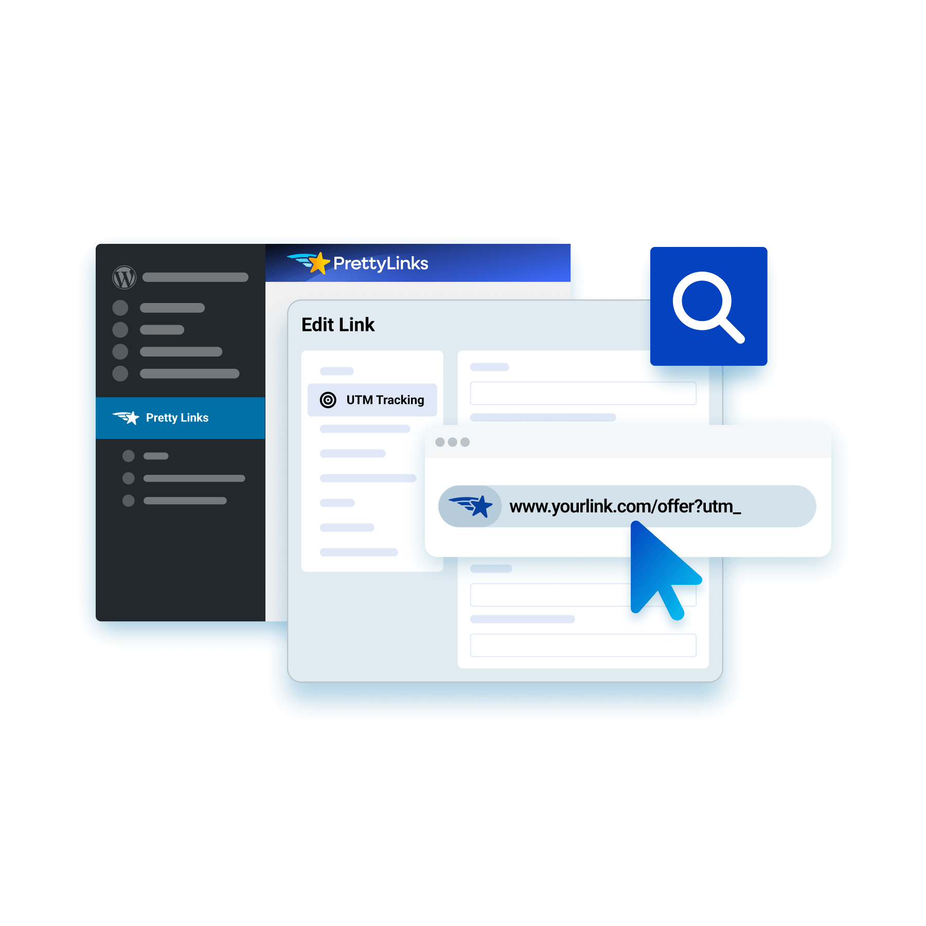 Layered web dashboard UI for editing a link, with PrettyLinks branding and a large search icon.