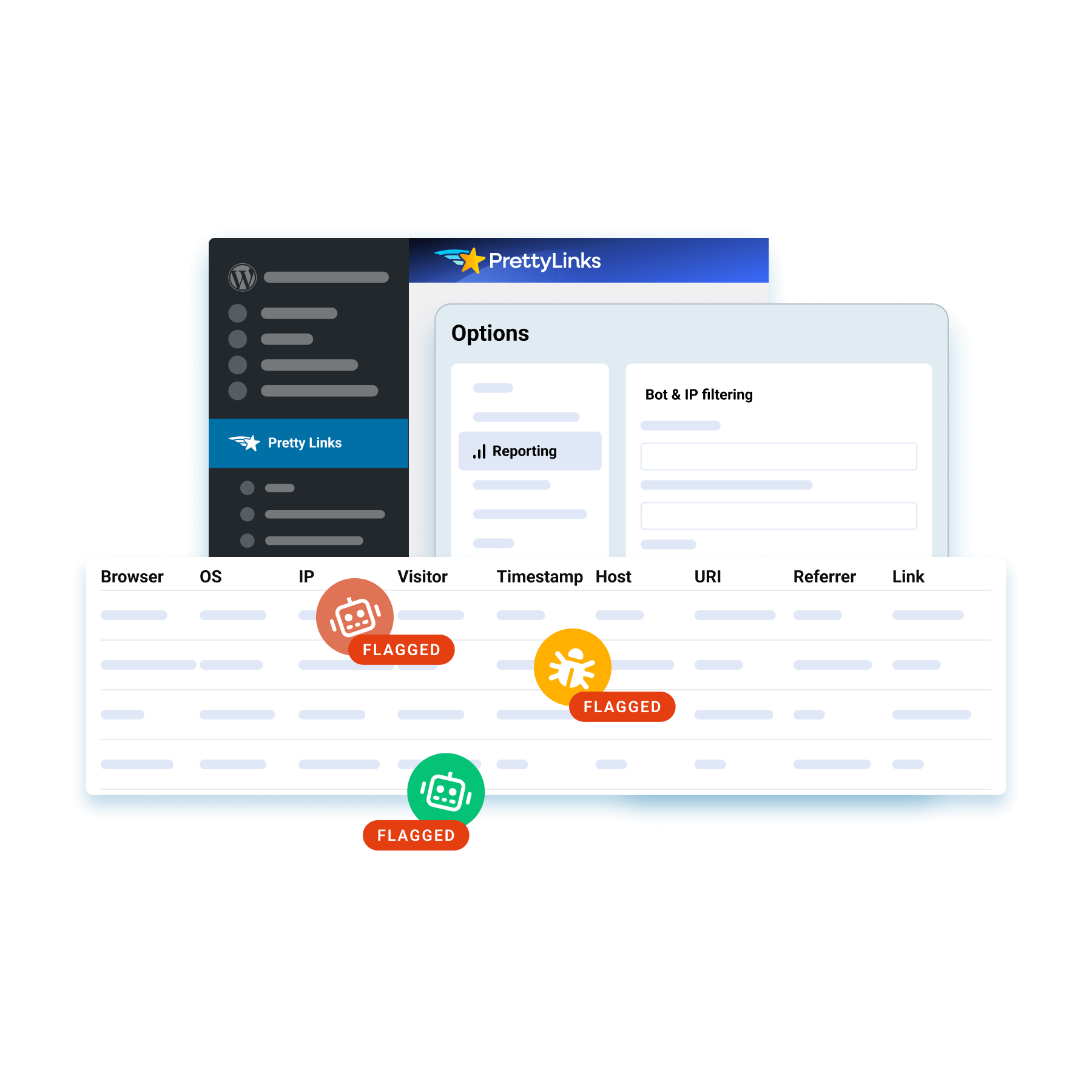 Dashboard screenshot showing a PrettyLinks UI with a dark left navigation, blue header, and a floating data table with flagged indicators
