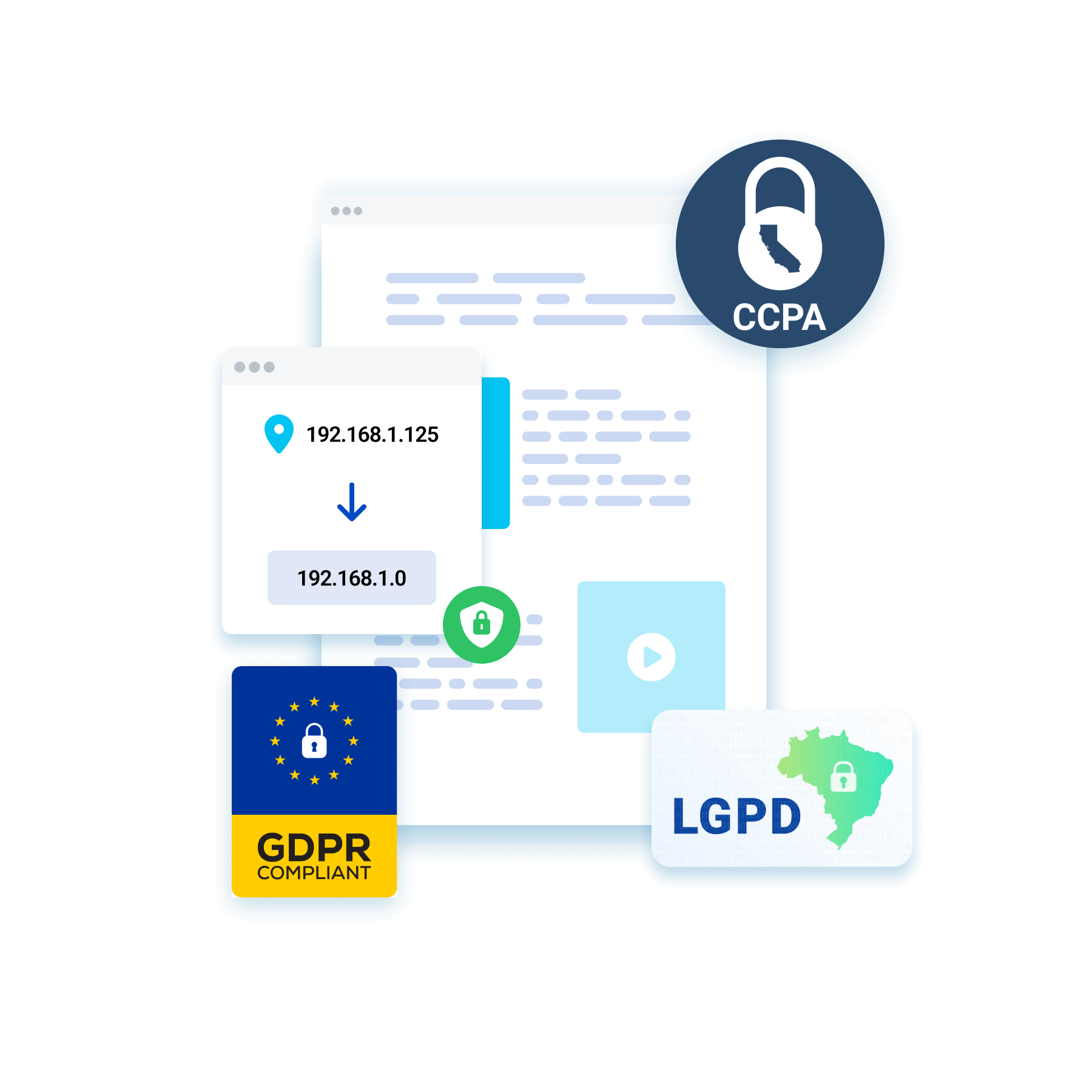 Illustration of a computer screen with privacy badges (GDPR, LGPD, EU) and a lock, signaling data protection and compliance