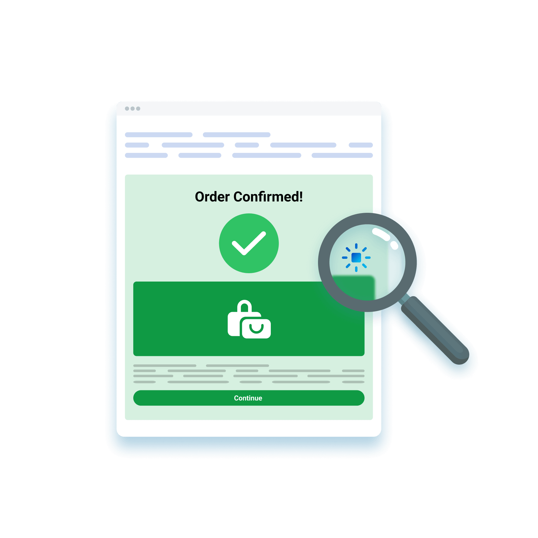 Mobile order confirmation screen showing 'Order Confirmed!' with a green checkmark and magnifying-glass overlay.