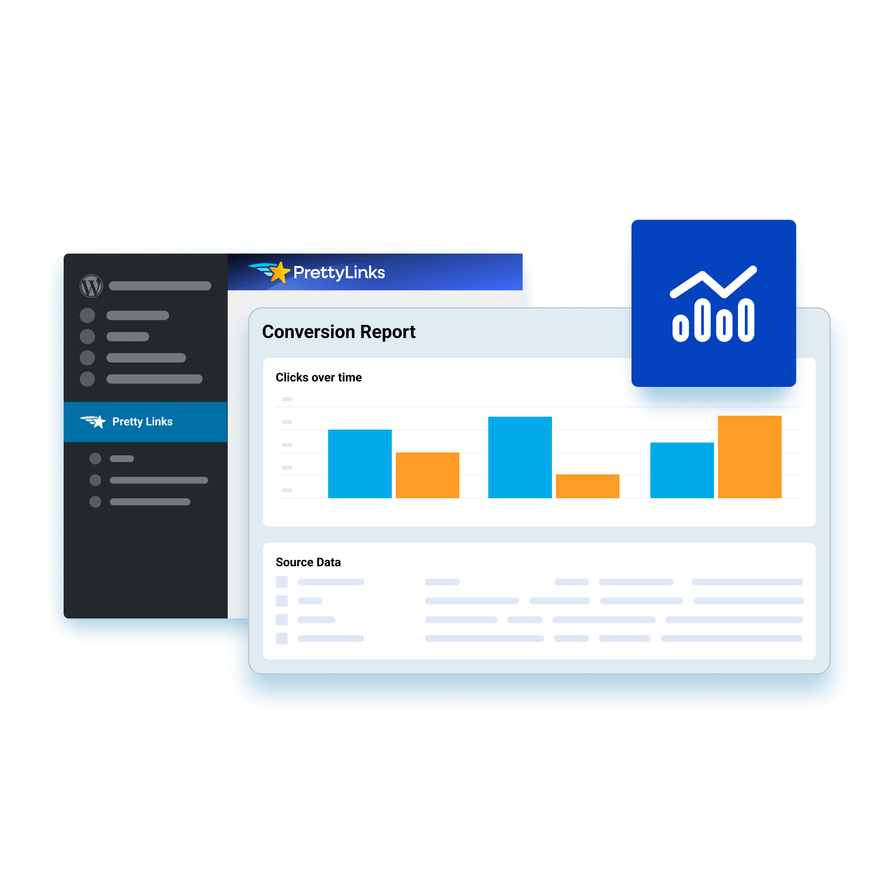 PrettyLinks dashboard mockup showing a Conversion Report with a colorful bar chart and a floating blue analytics card on the screen
