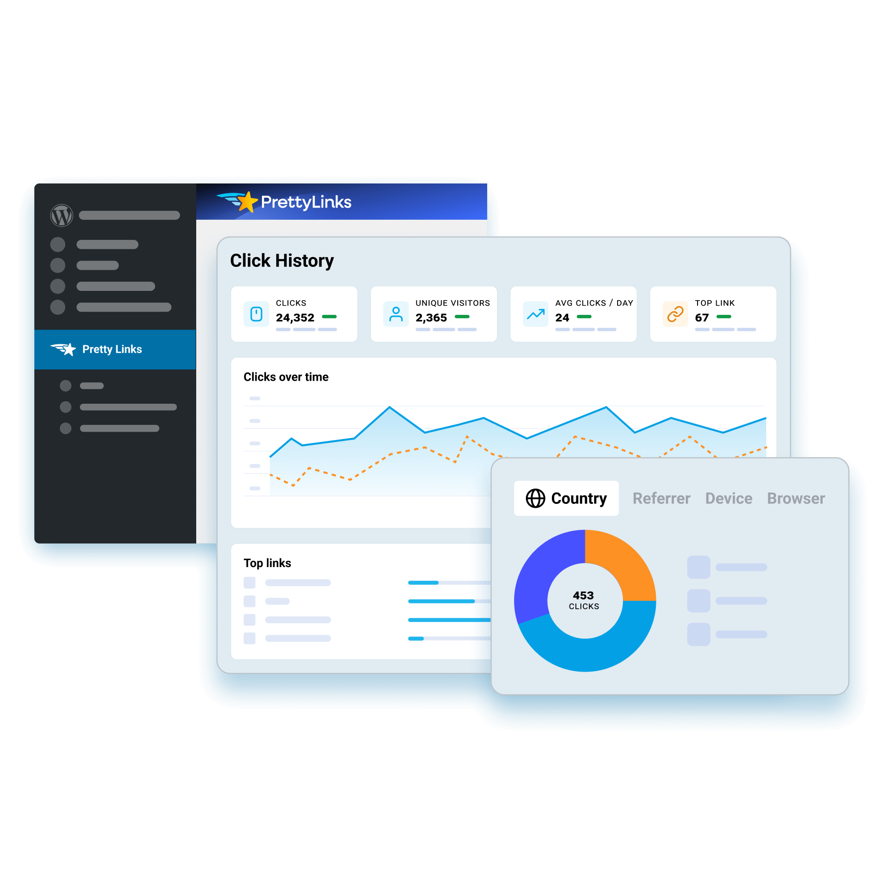 Isometric illustration of a dashboard UI with graphs, stats cards, and a left navigation labeled Pretty Links.