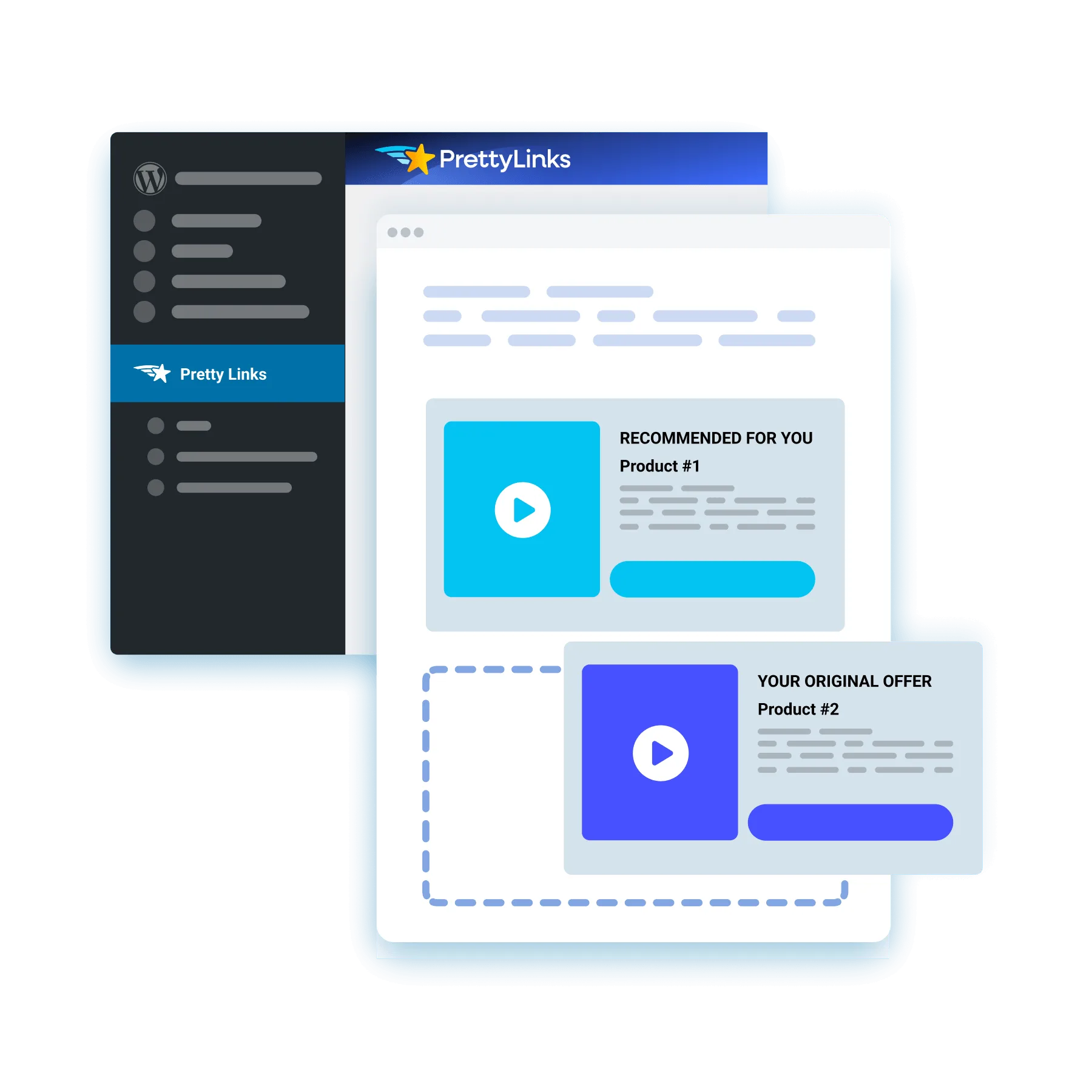 Illustration d'un tableau de bord de site web intitulé « PrettyLinks », comportant un volet de navigation gauche sombre et des fiches de contenu qui se chevauchent à droite.