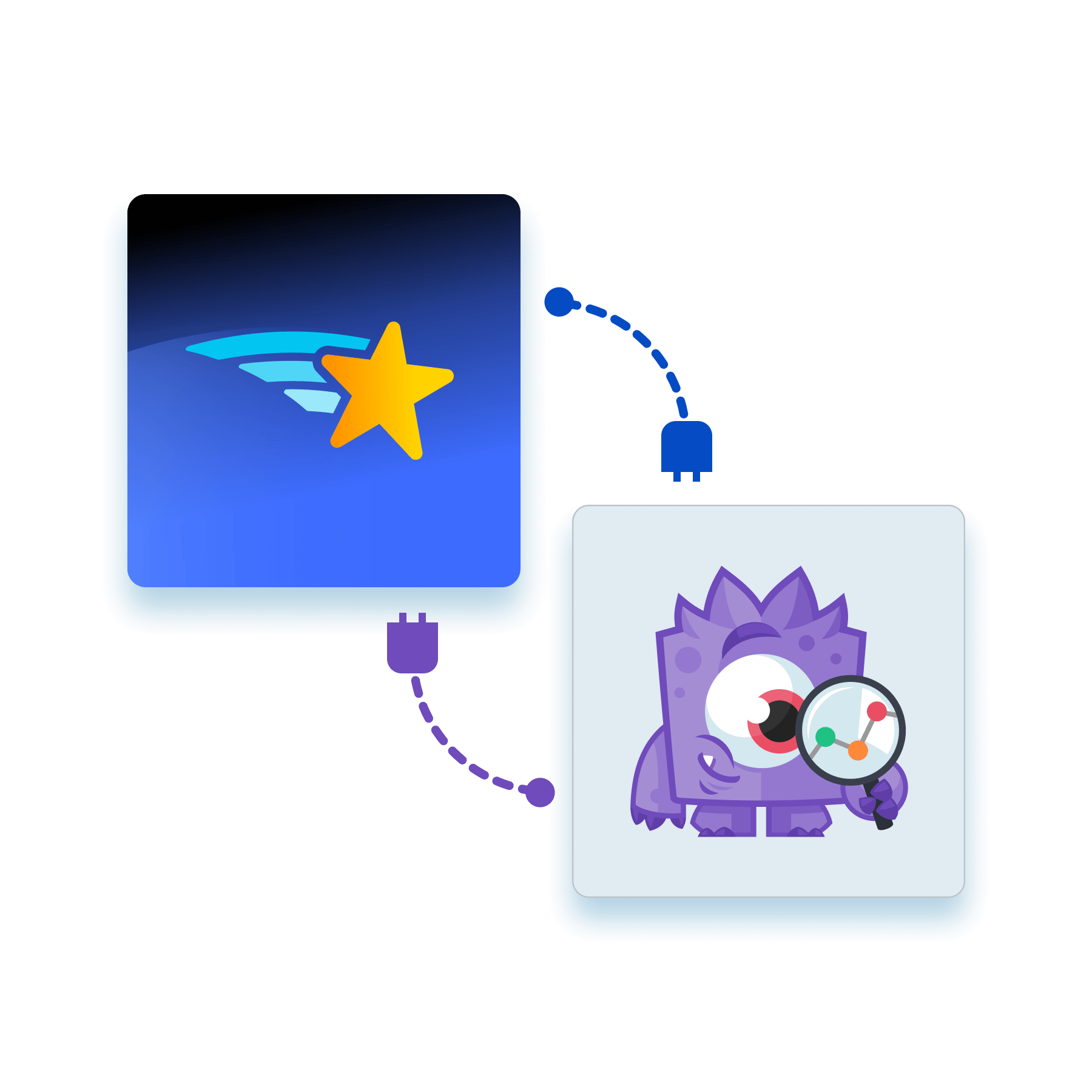 Blue gradient card featuring a yellow star and swoosh, linked by a dotted arc to a purple monster card.